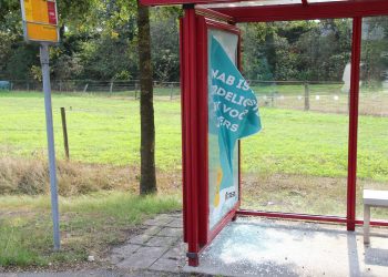 Vandalen vernielen raam van bushokje aan de Deventerweg 